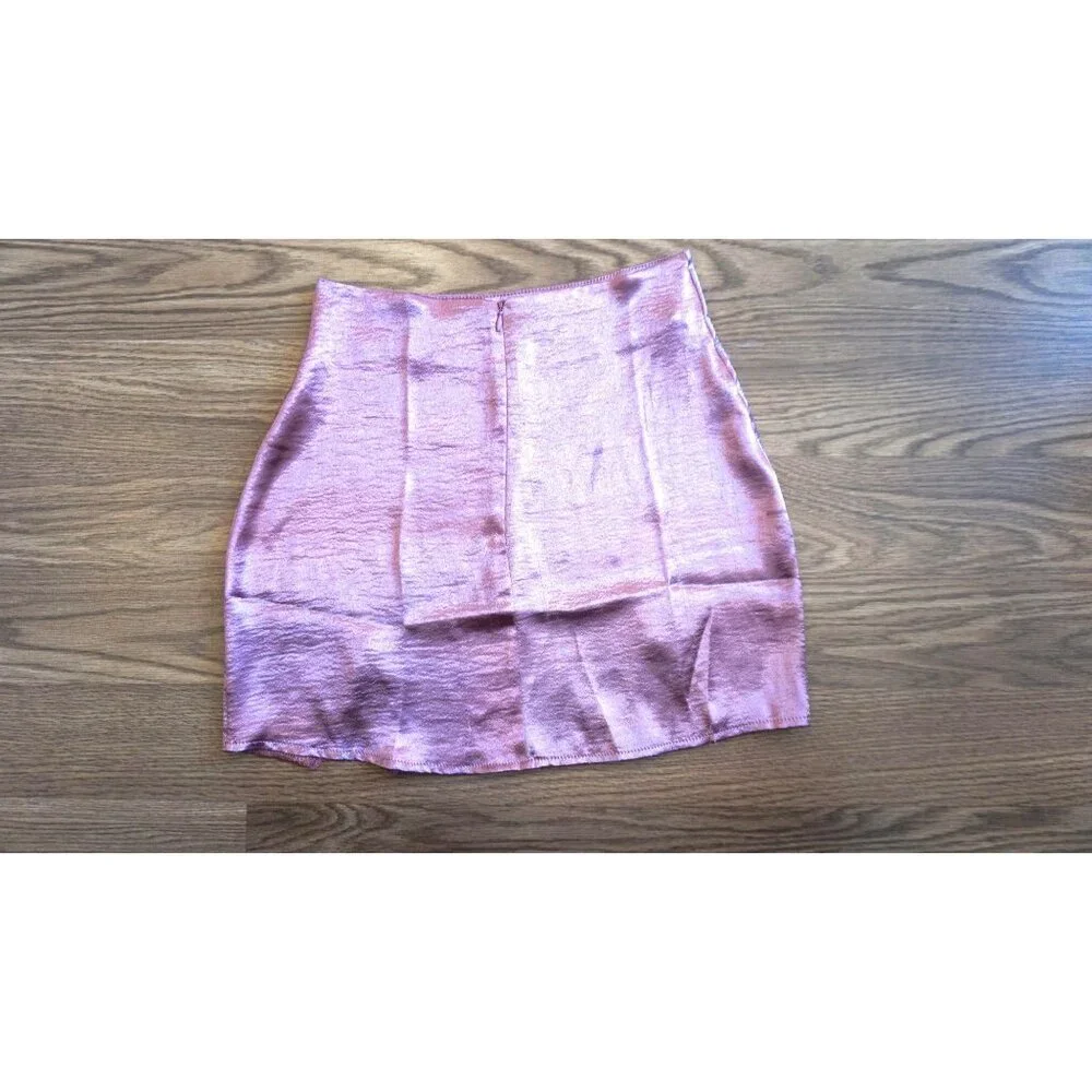 LYANER Satin Lace Trim Split Slit Hem Zipper High Wasit Mini Short Skirt, Size S - Picture 5 of 13